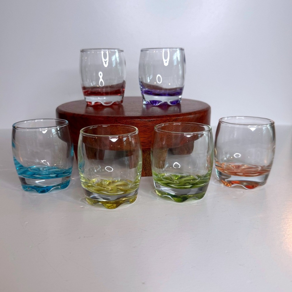 Vintage Colored Swirl Bottom Shot Glasses Set Rainbow Hand Blown Style Barware